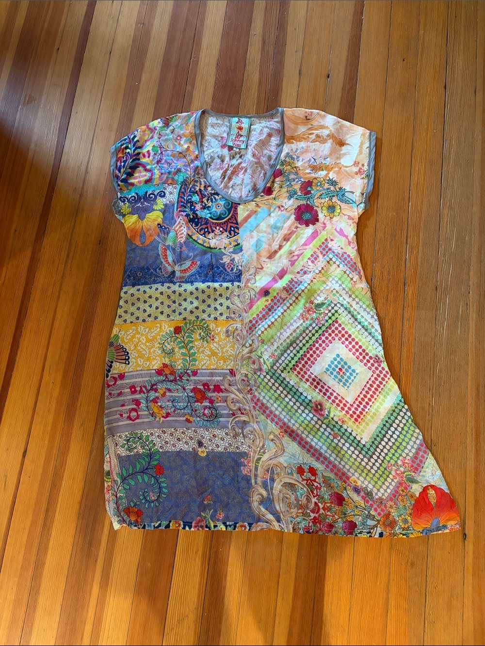 Johnny Was Multicolor Patchwork Mini Dress - Blue, Yellow, Green, Pink